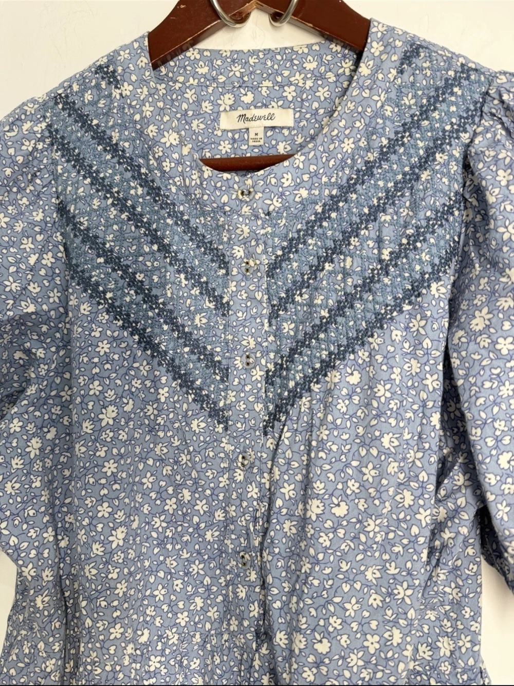 Madewell Midi Dress Embroidered Puff Sleeve Blue Ruffled M Cottage NH076 - Picture 11 of 15